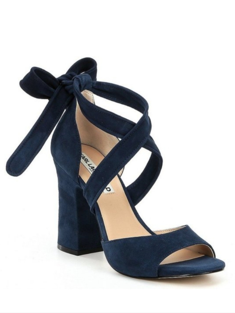 Karl Lagerfeld Racha Navy Suede Block Heel Wrap Sandals Size Woman's 10